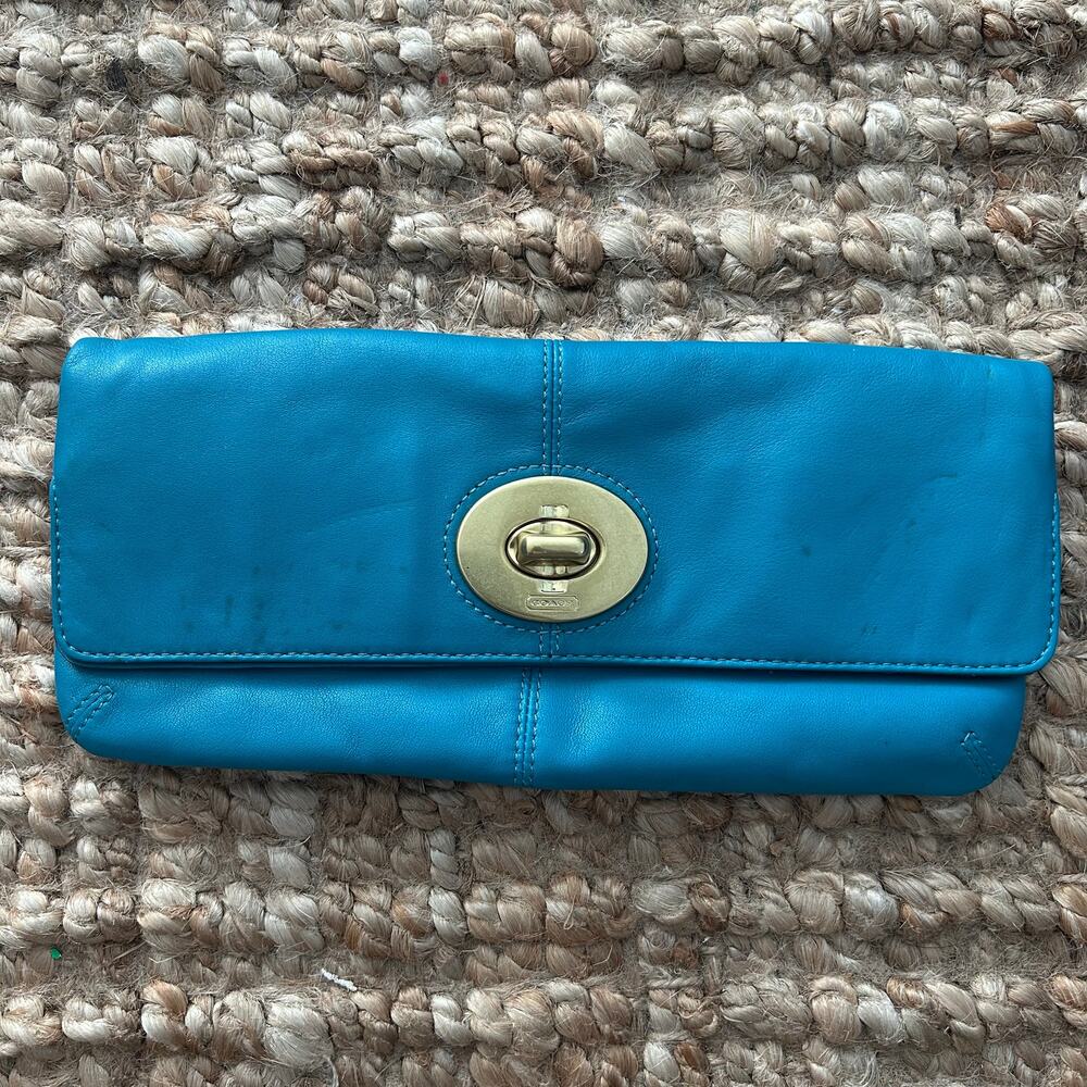Coach Teal Blue Leather Foldover Clutch Turnlock Gold Hardware Wristlet Bag Y2K